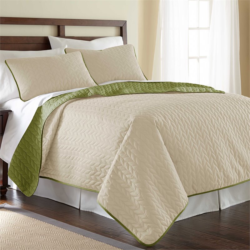 3 Piece Solid Reversible Coverlet Set Leaf Sand Olive Green Queen