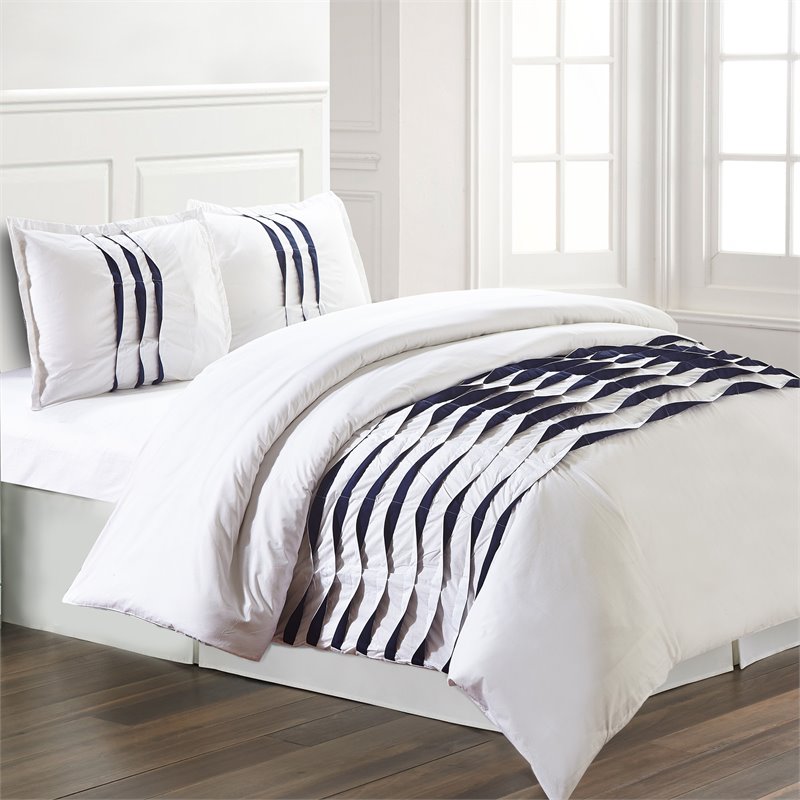 3 Pc 100 Percent Cotton Pinch Pleat Duvet Set Isabella Navy King