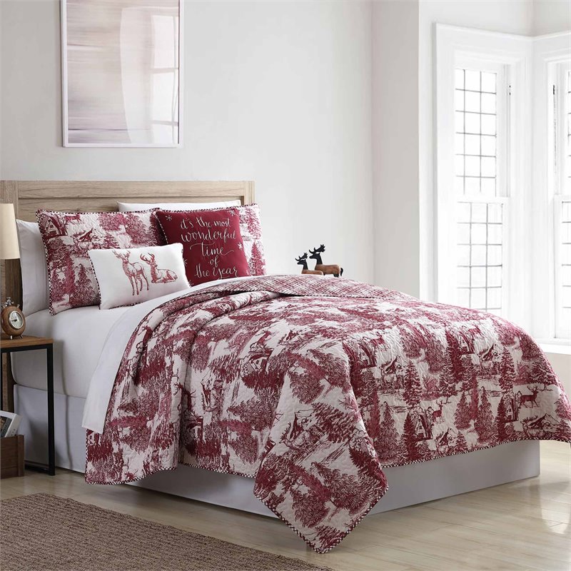 5 Piece Printed Reversible Quilt Set Aspen Toile Red King