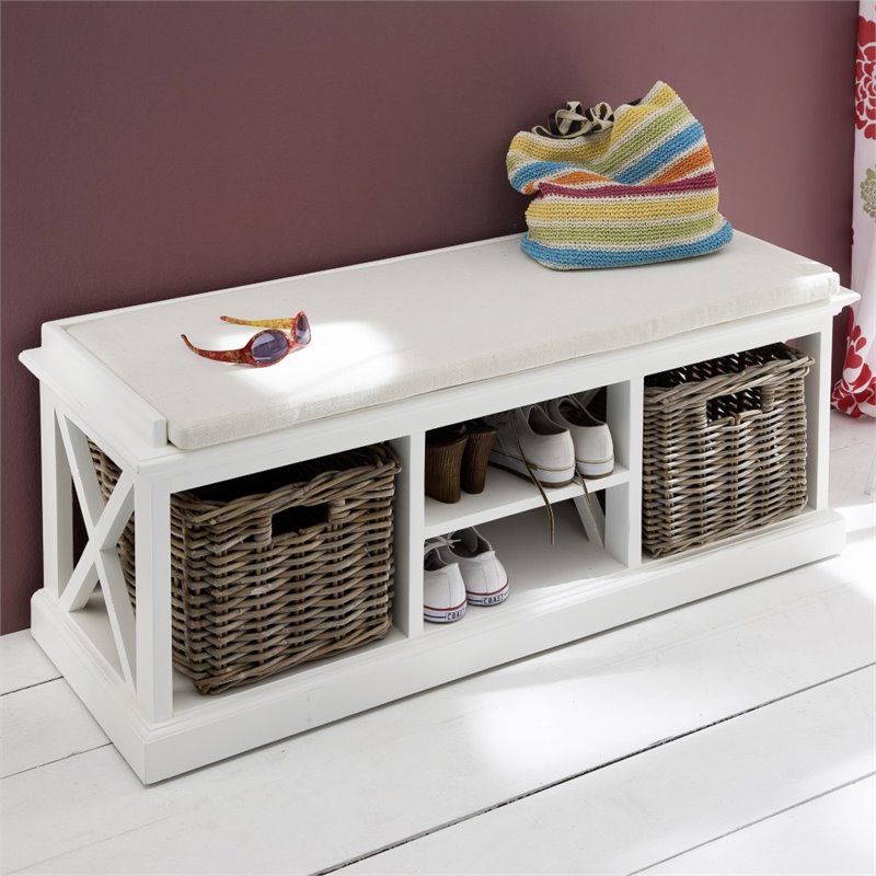 Novasolo Halifax Entryway Bench With Cushion And Baskets In Pure