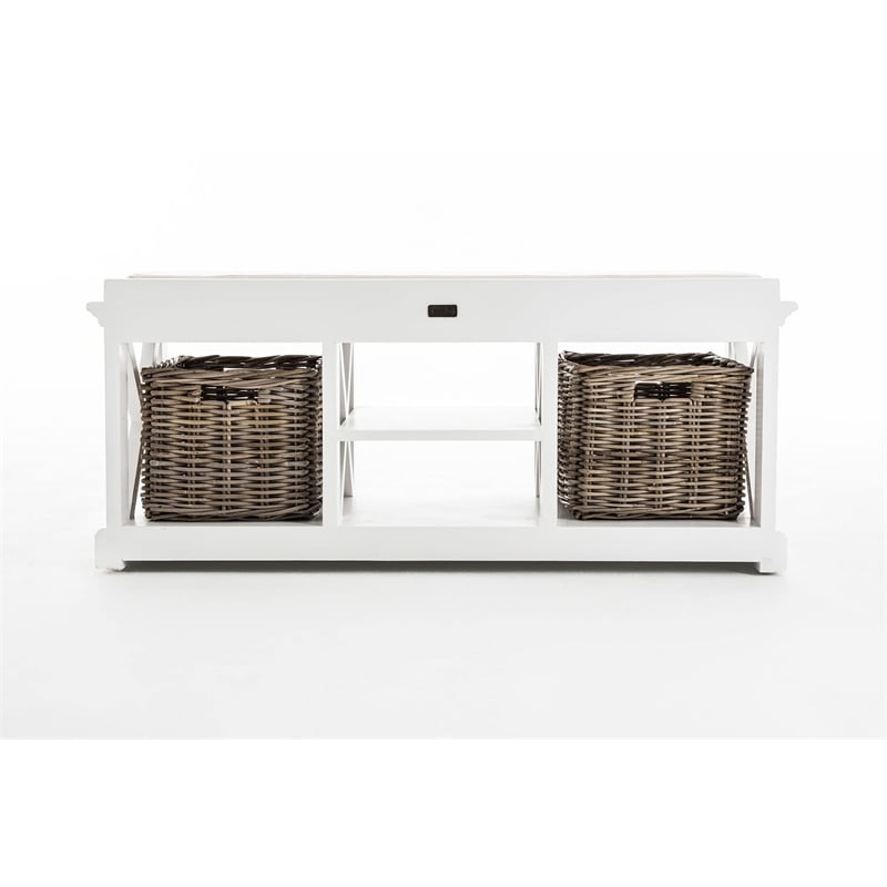 NovaSolo Halifax Entryway Bench with Cushion and Baskets Wood in Pure White