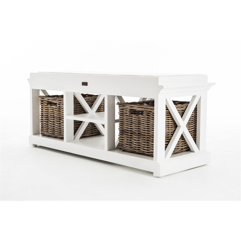 NovaSolo Halifax Entryway Bench with Cushion and Baskets Wood in Pure White