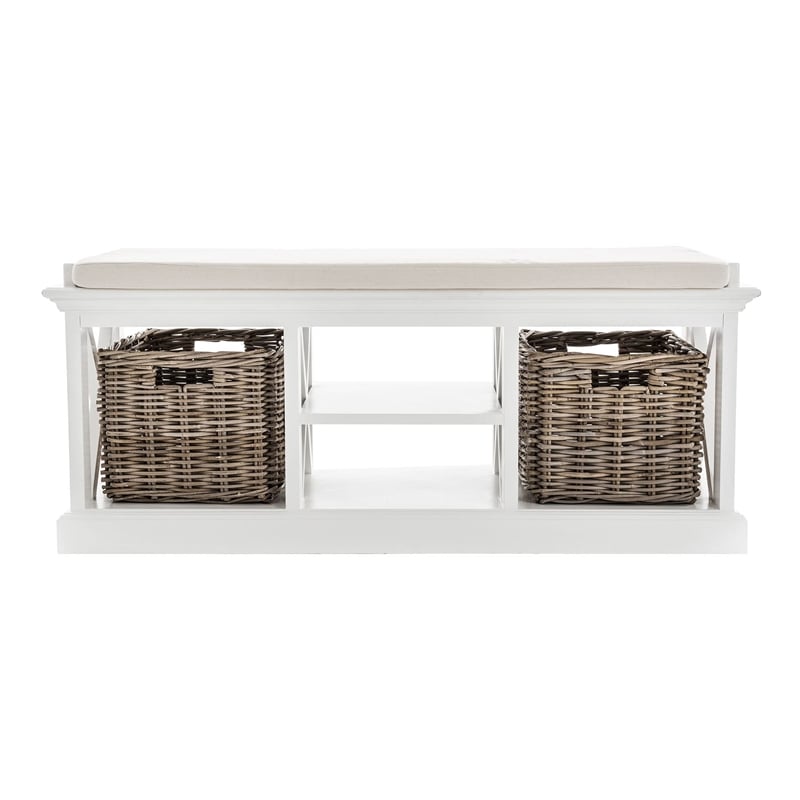 NovaSolo Halifax Entryway Bench with Cushion and Baskets Wood in Pure White