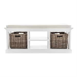 NovaSolo Halifax Entryway Bench with Cushion and Baskets Wood in Pure White