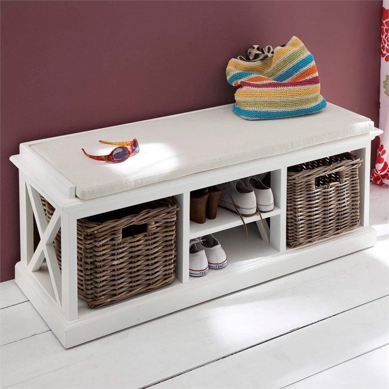 NovaSolo Halifax Entryway Bench with Cushion and Baskets Wood in Pure White