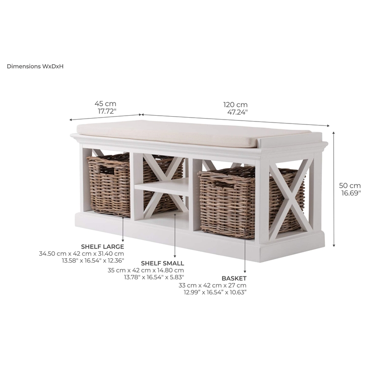 NovaSolo Halifax Entryway Bench with Cushion and Baskets Wood in Pure White