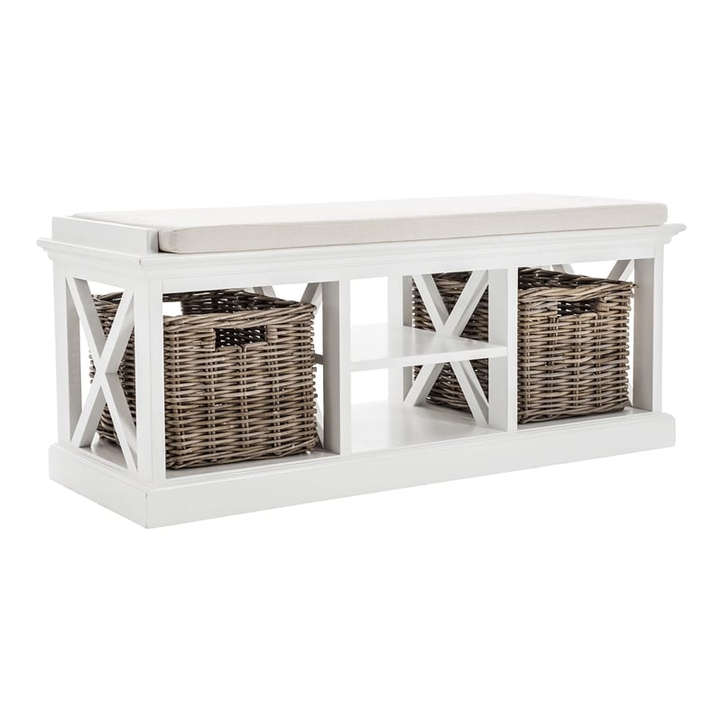 NovaSolo Halifax Entryway Bench with Cushion and Baskets Wood in Pure White