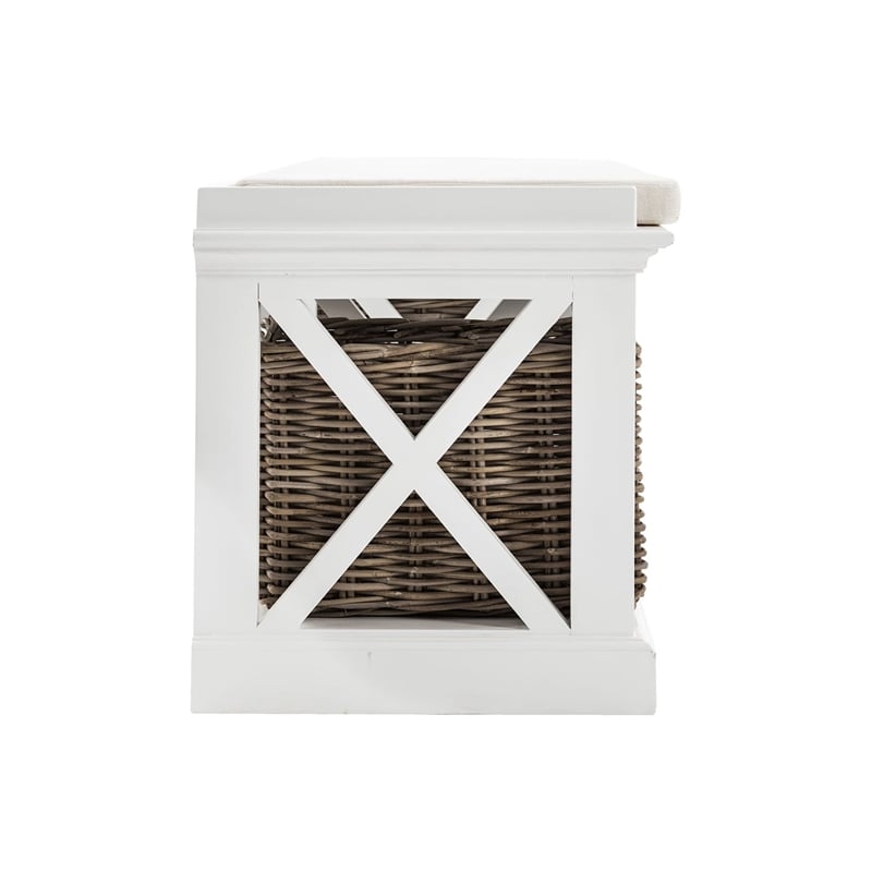 NovaSolo Halifax Entryway Bench with Cushion and Baskets Wood in Pure White