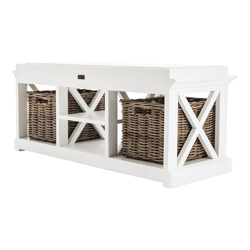 NovaSolo Halifax Entryway Bench with Cushion and Baskets Wood in Pure White