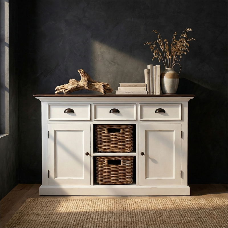 NovaSolo Halifax Accent 2 Basket Buffet in Pure White and Dark Wood