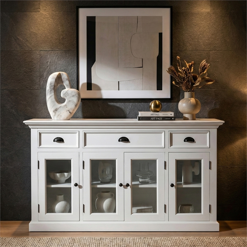 Novasolo Halifax Mahogany Wood Buffet with 4 Glass Doors 3 Drawers in White