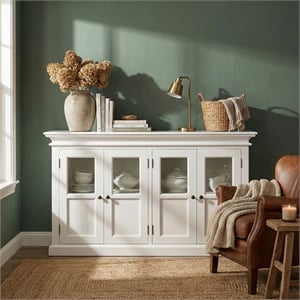 NovaSolo Halifax Mahogany Wood Buffet with 4 Glass Doors in White