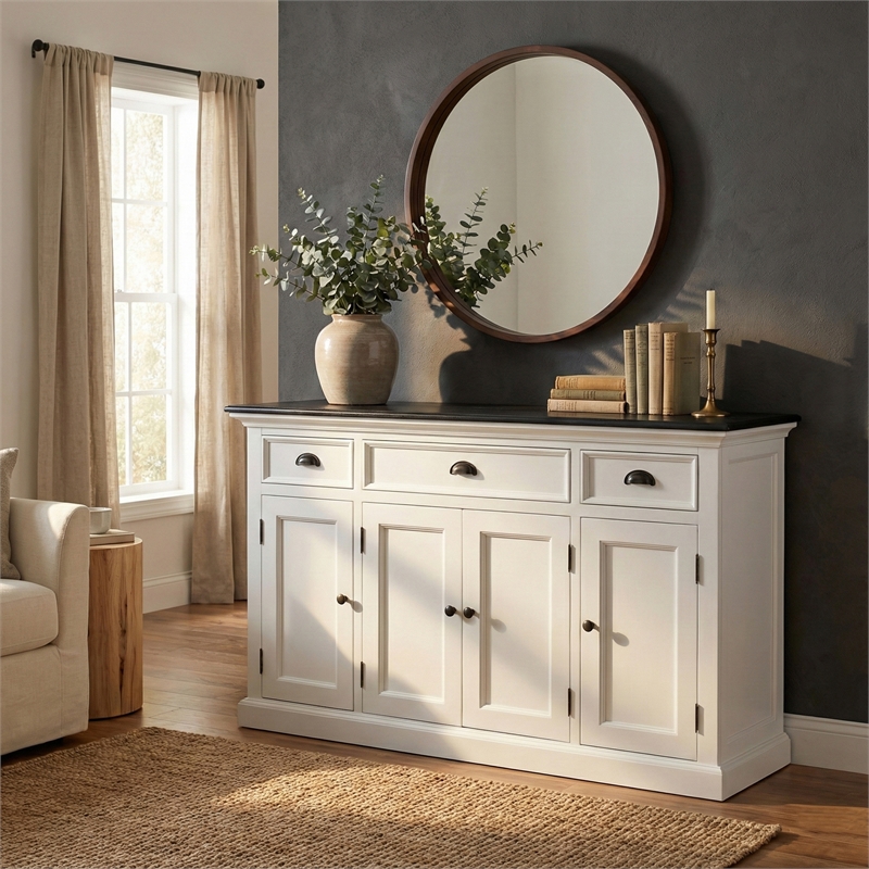 NovaSolo Halifax Mahogany Wood Buffet with 4 Doors 3 Drawers in White