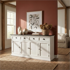 NovaSolo Halifax Mahogany Wood Buffet with 4 Doors 3 Drawers in White