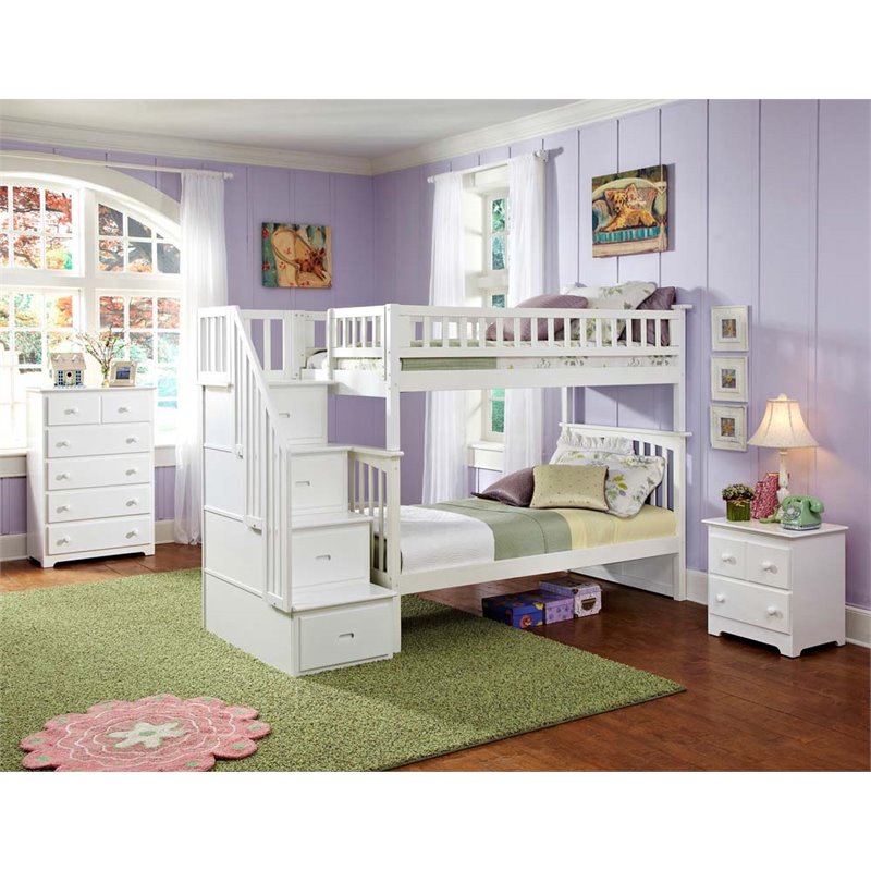 Leo & Lacey Twin Over Twin Staircase Bunk Bed in White