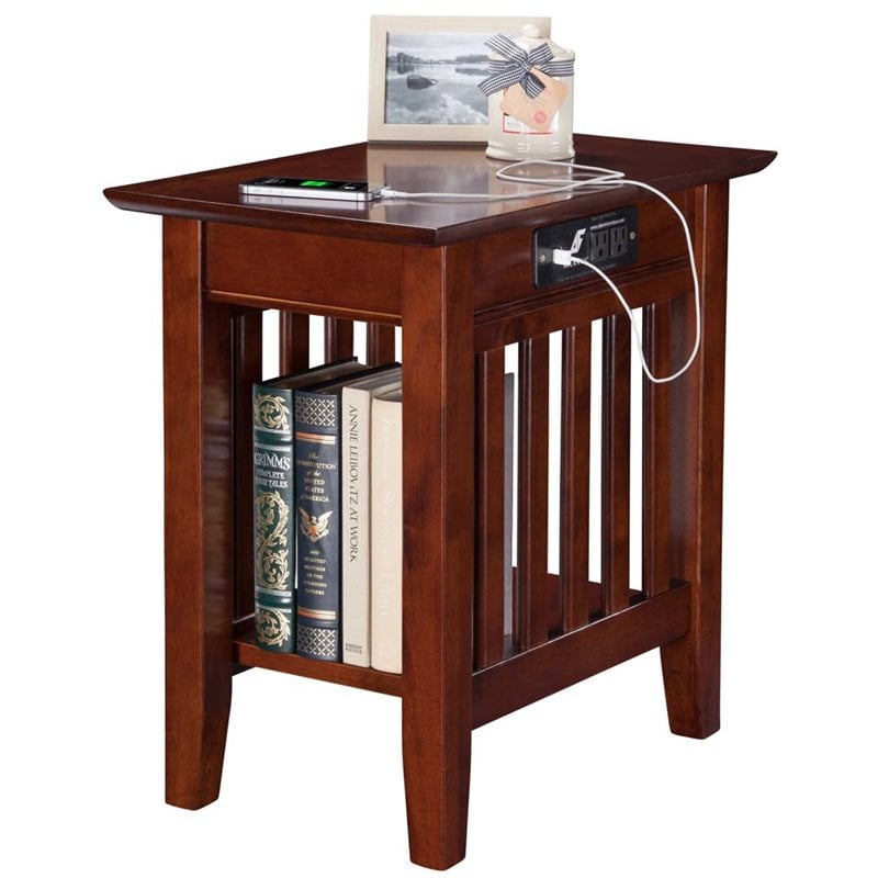 Leo & Lacey Wood Chair Side Table with USB Charging Ports in Walnut