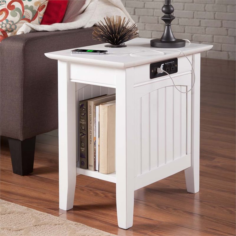 Leo & Lacey Transitional Wood Side Table with USB Charging Ports in White