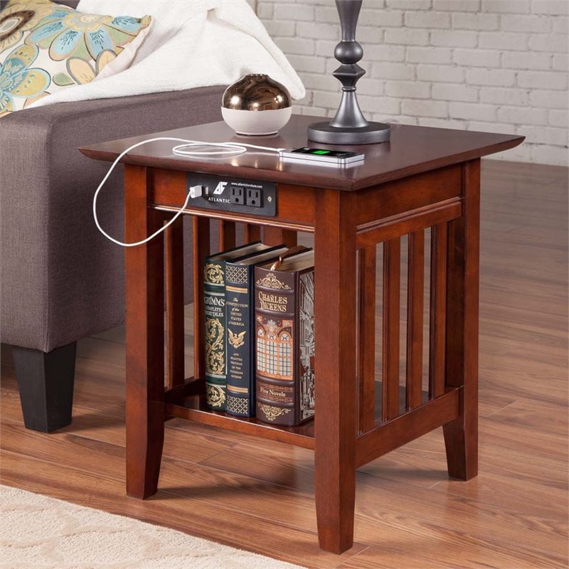 Leo & Lacey Wood End Table with USB Charging Ports in Walnut