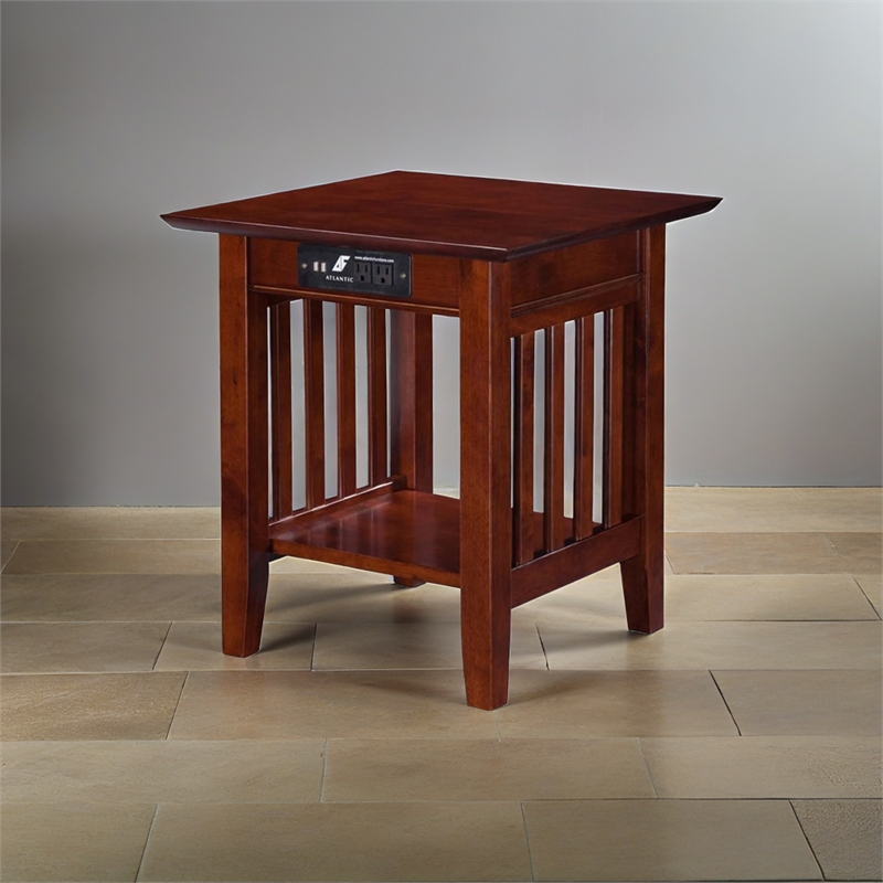 Leo & Lacey Wood End Table with USB Charging Ports in Walnut