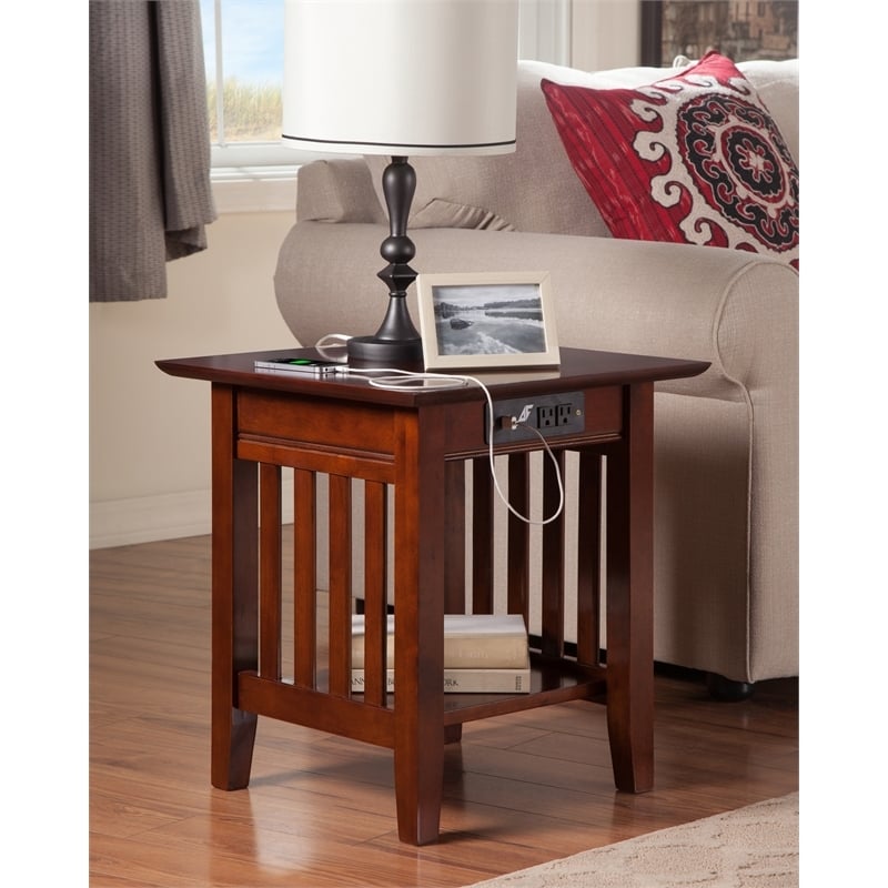 Leo & Lacey Wood End Table with USB Charging Ports in Walnut