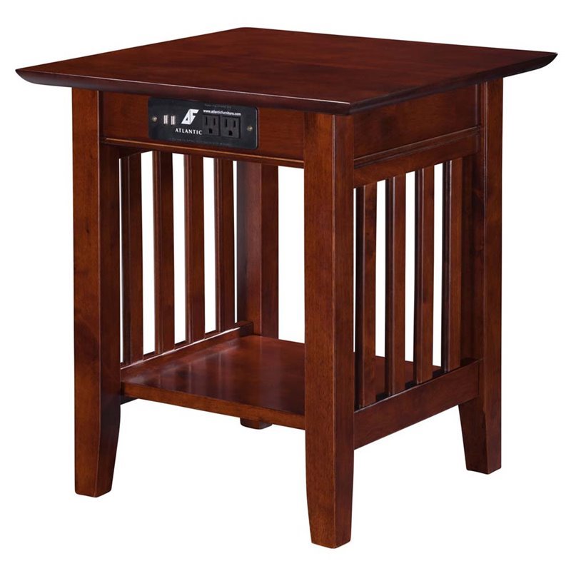 Leo & Lacey Wood End Table with USB Charging Ports in Walnut