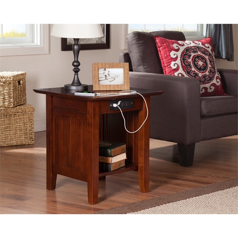 Leo & Lacey Modern Wood End Table w/ USB Charging Ports in Walnut