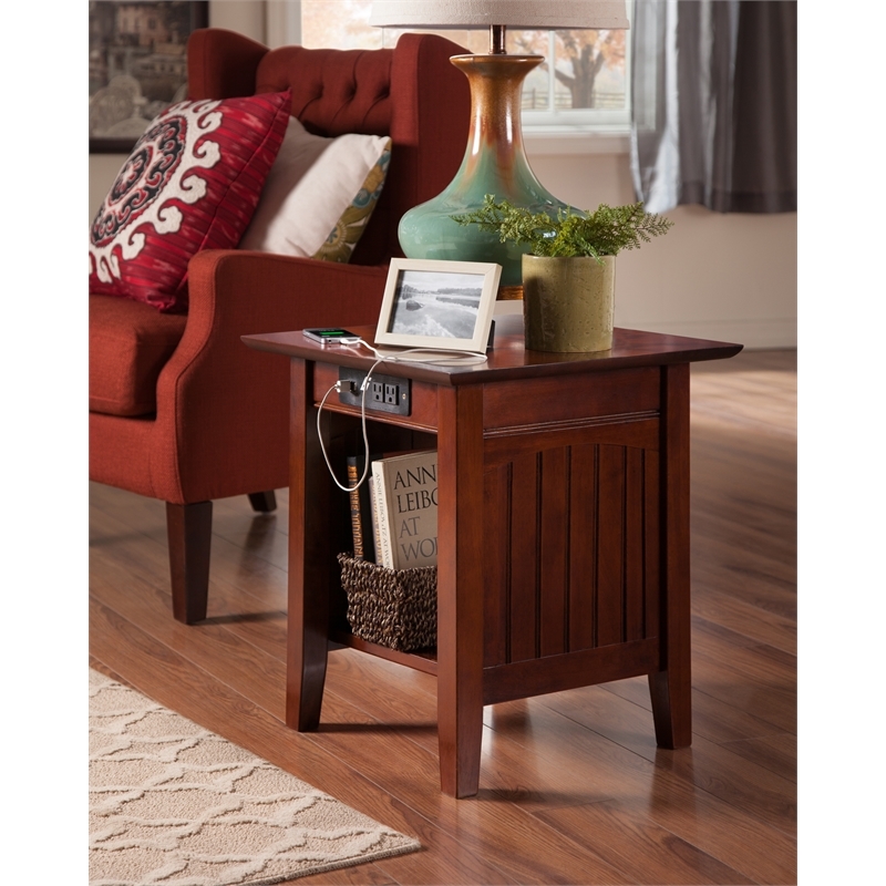 Leo & Lacey Modern Wood End Table w/ USB Charging Ports in Walnut