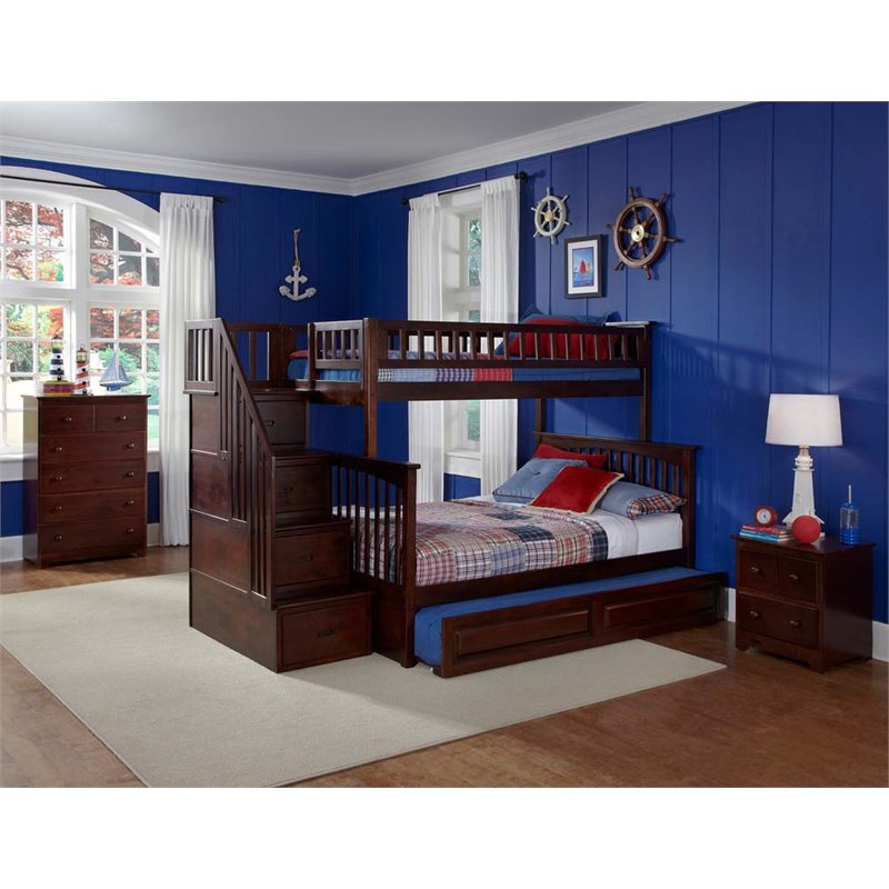 Leo & Lacey Wooden Twin Over Full Staircase Trundle Bunk Bed Walnut