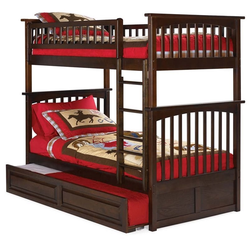 Leo & Lacey Mid-Century Wood Twin Over Twin Trundle Bunk Bed in Walnut