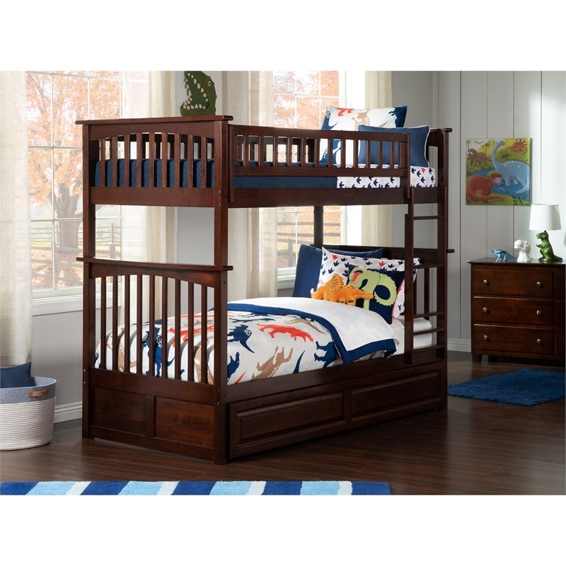 Leo & Lacey Mid-Century Wood Twin Over Twin Trundle Bunk Bed in Walnut