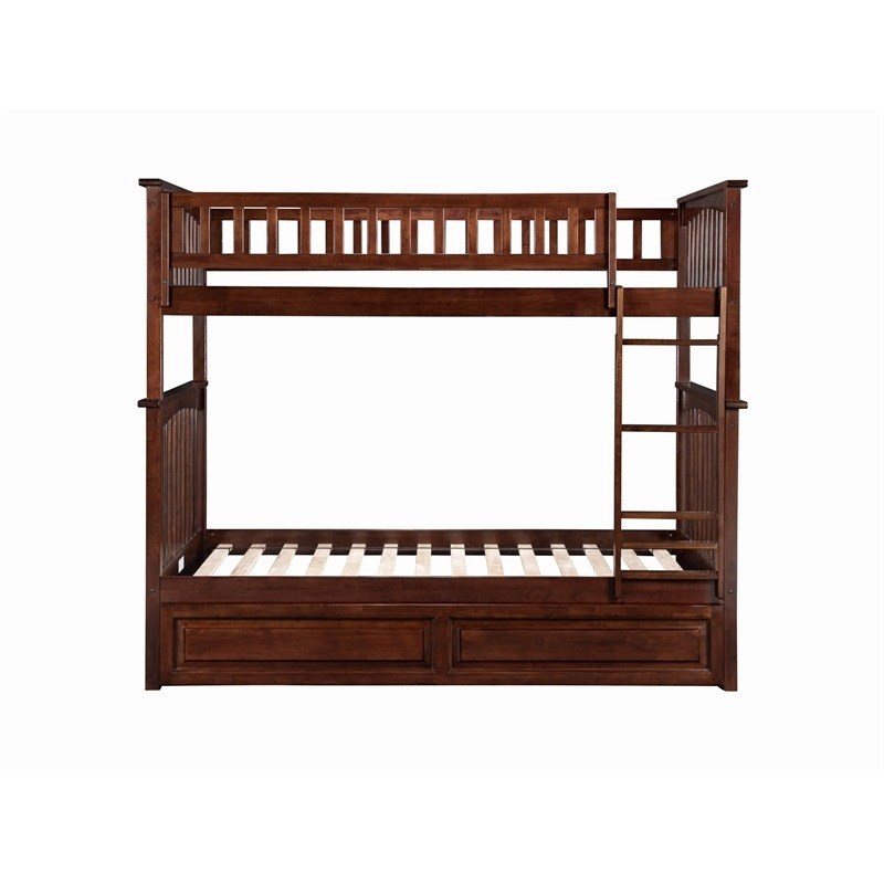 Leo & Lacey Mid-Century Wood Twin Over Twin Trundle Bunk Bed in Walnut