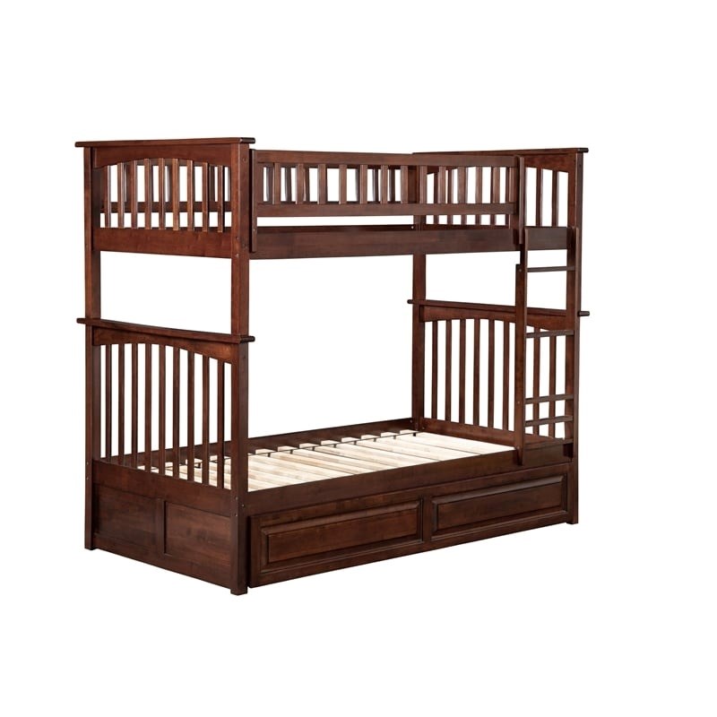 Leo & Lacey Mid-Century Wood Twin Over Twin Trundle Bunk Bed in Walnut