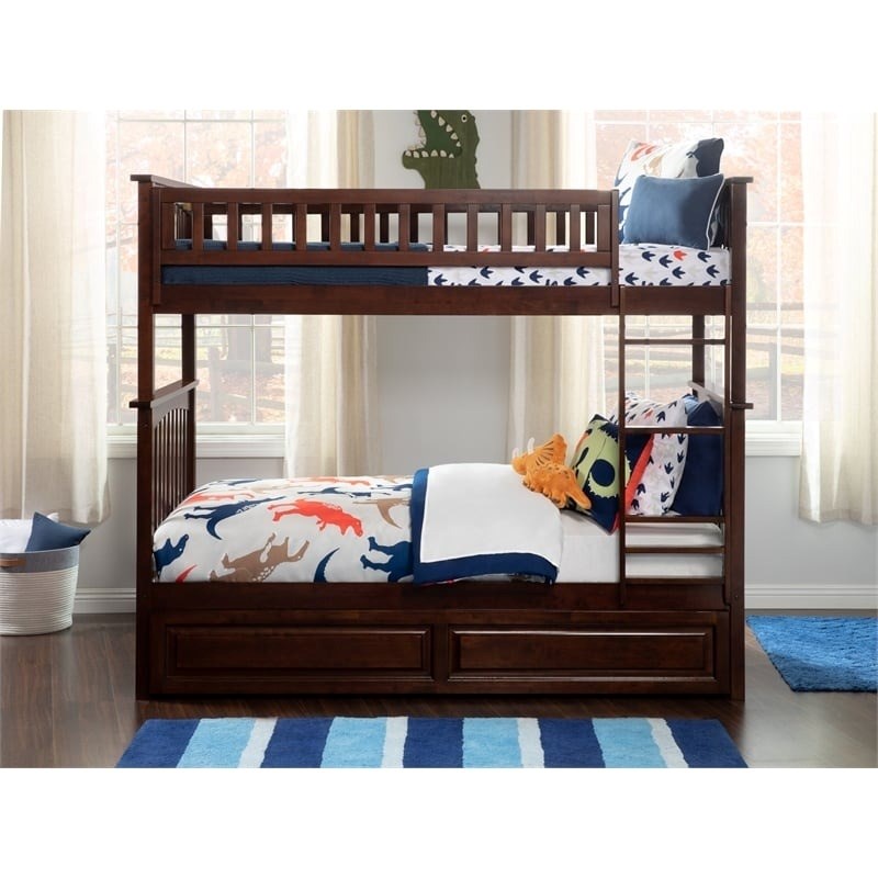 Leo & Lacey Mid-Century Wood Twin Over Twin Trundle Bunk Bed in Walnut