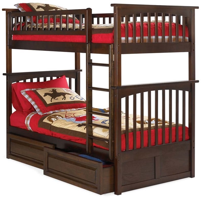 Leo & Lacey Mid-Century Solid Wood Twin Over Twin Storage Bunk Bed in Walnut
