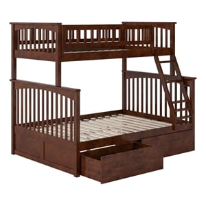Leo & Lacey Twin Over Full Wood Bunk Bed with 2 Storage Drawers in Walnut