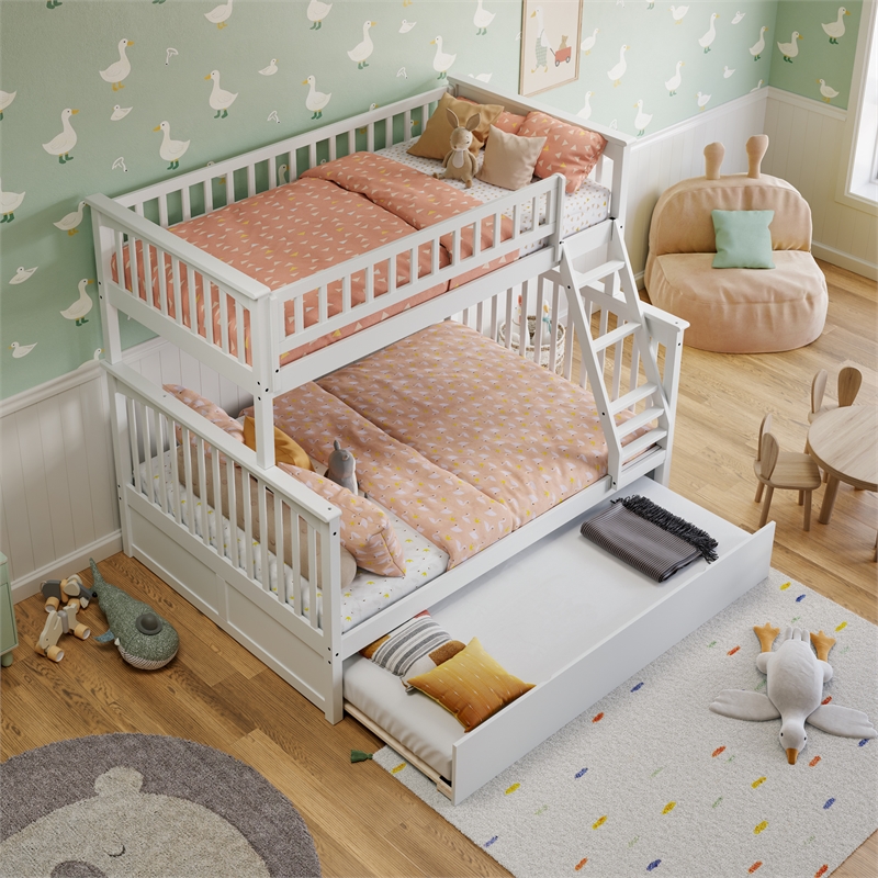 Leo & Lacey Twin over Full Solid Wood Bunk Bed with Trundle in White