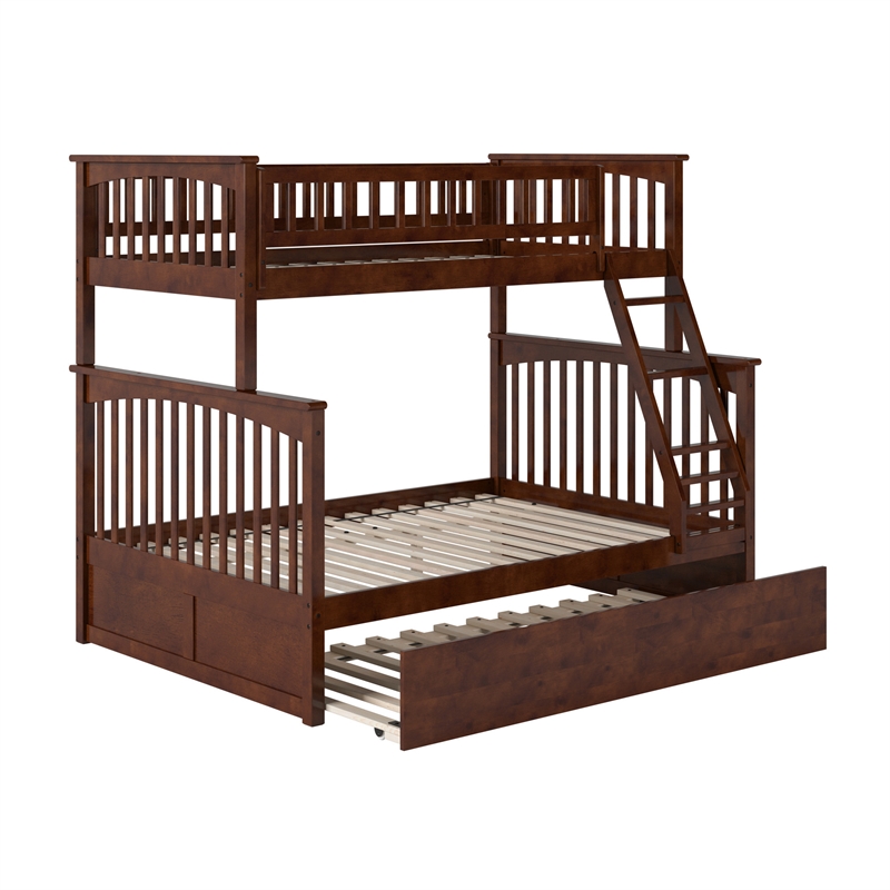 Leo & Lacey Twin over Full Solid Wood Bunk Bed with Trundle in Walnut