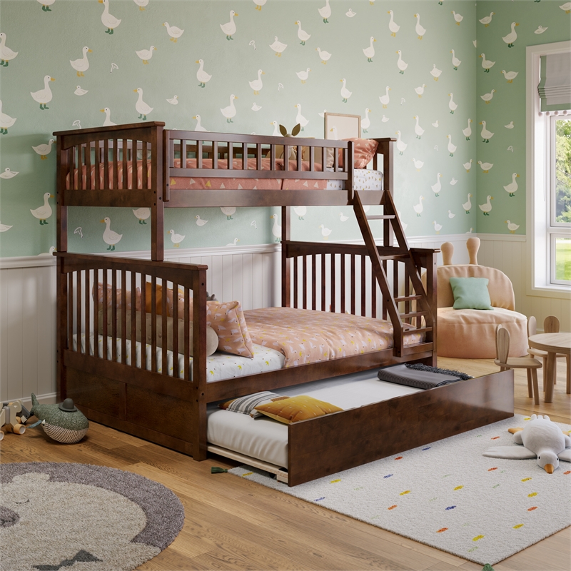 Leo & Lacey Twin over Full Solid Wood Bunk Bed with Trundle in Walnut