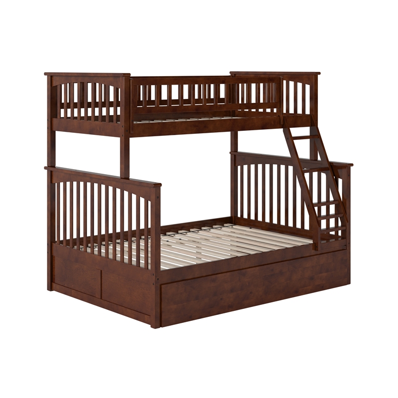 Leo & Lacey Twin over Full Solid Wood Bunk Bed with Trundle in Walnut