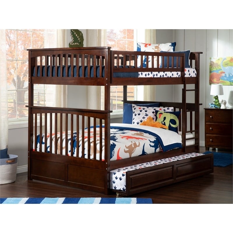 Leo & Lacey Mid-Century Wood Full Over Full Trundle Bunk Bed in Walnut