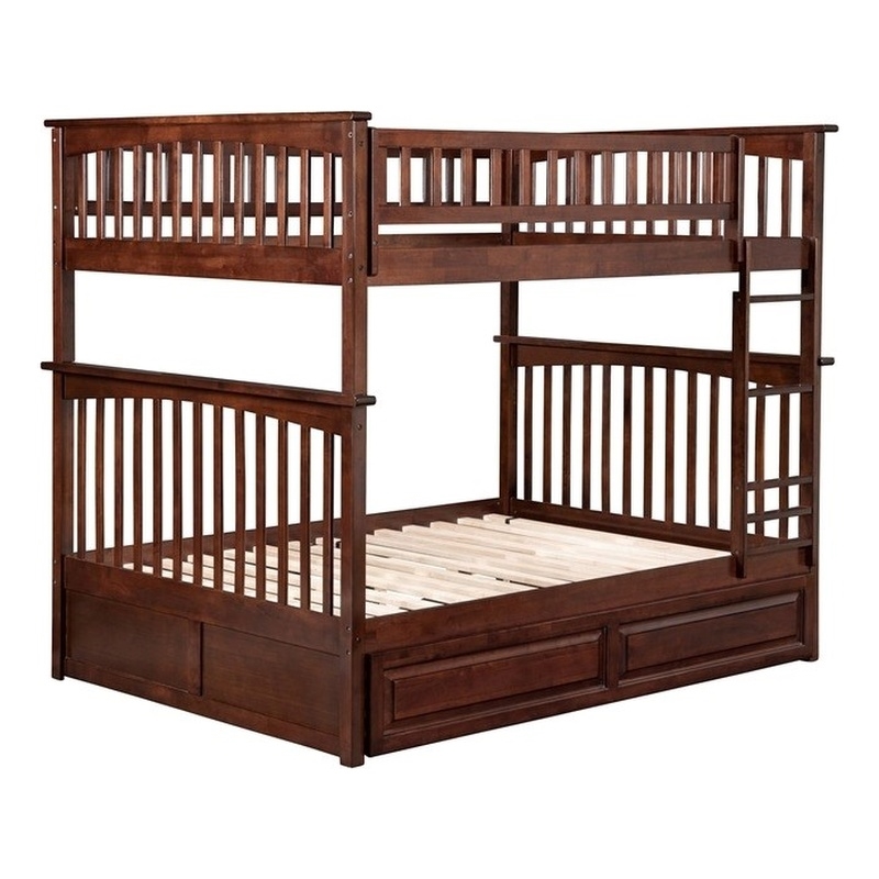 Leo & Lacey Mid-Century Wood Full Over Full Trundle Bunk Bed in Walnut