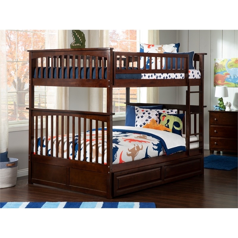 Leo & Lacey Mid-Century Wood Full Over Full Trundle Bunk Bed in Walnut