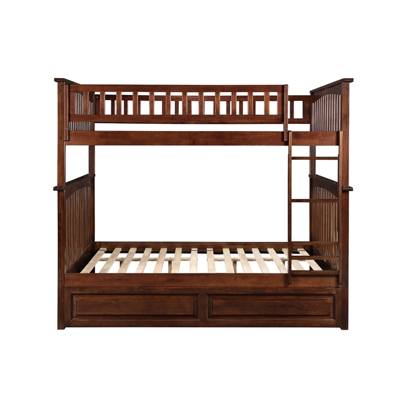 Leo & Lacey Mid-Century Wood Full Over Full Trundle Bunk Bed in Walnut