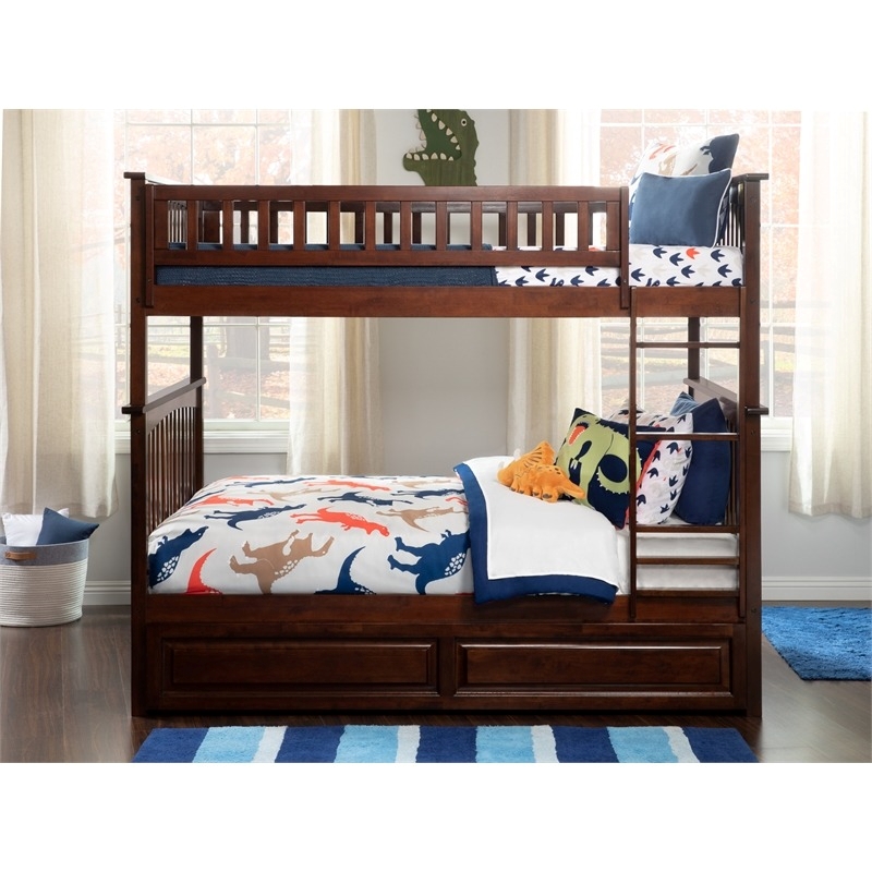 Leo & Lacey Mid-Century Wood Full Over Full Trundle Bunk Bed in Walnut