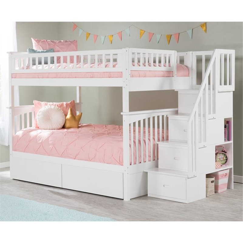 Leo & Lacey Mid-Century Wood Full Over Full Staircase Storage Bunk Bed in White