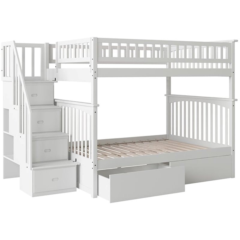Leo & Lacey Mid-Century Wood Full Over Full Staircase Storage Bunk Bed in White