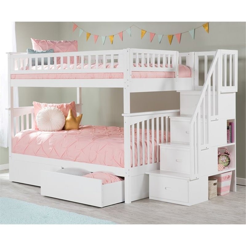 Leo & Lacey Mid-Century Wood Full Over Full Staircase Storage Bunk Bed in White