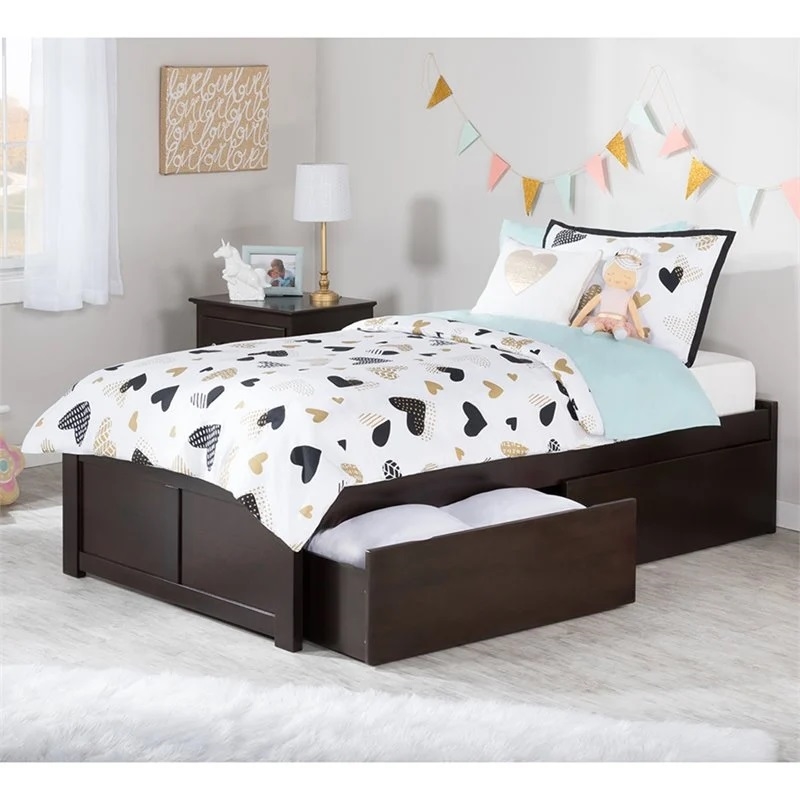Leo & Lacey Solid Wood Twin XL Storage Platform Bed in Espresso