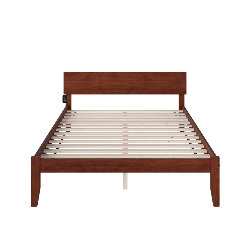 Leo & Lacey Transitional Solid Wood Queen Platform Bed w/ USB Charger in Walnut