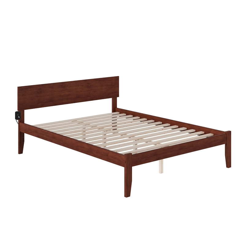 Leo & Lacey Transitional Solid Wood Queen Platform Bed w/ USB Charger in Walnut